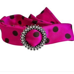 J Crew Vintage Pink & Black Polka Dot Silk Belt Rhinestone Buckle, Size S/M